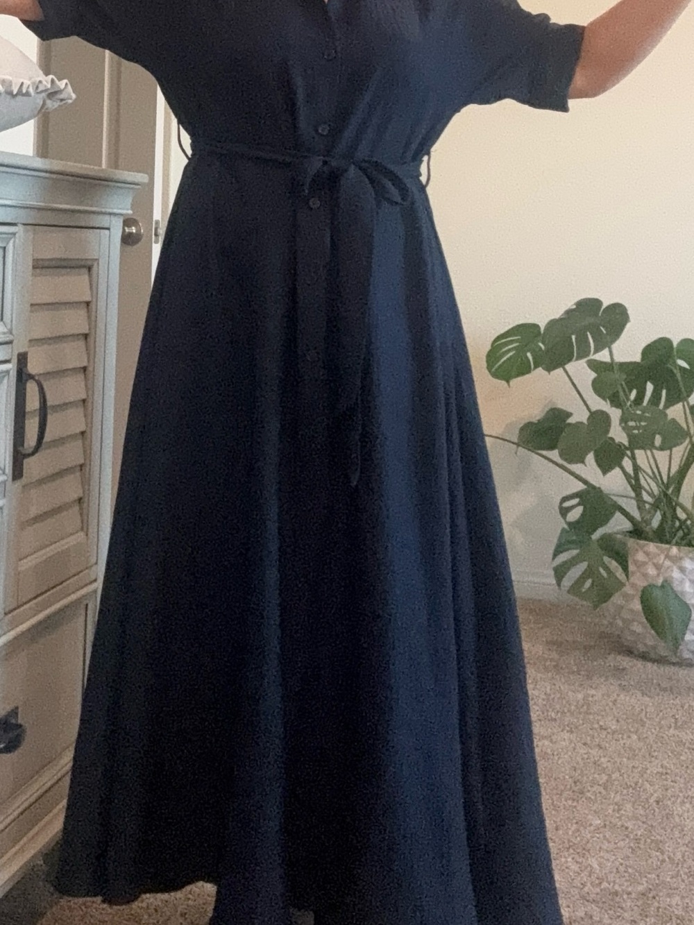 Max Studio Navy Button-Front Maxi Shirt Dress with Waist Tie